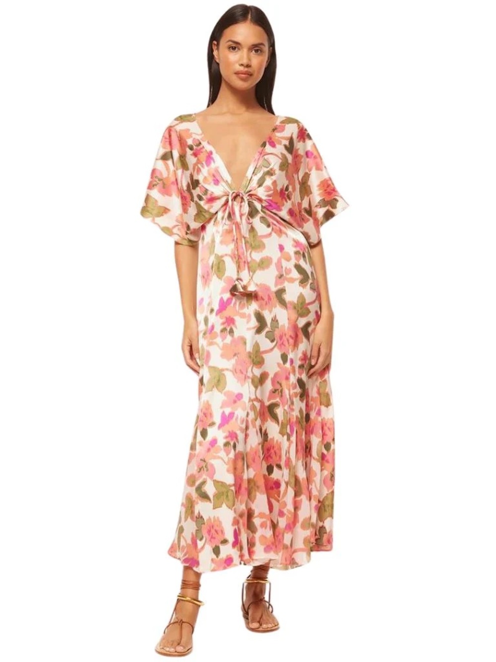 Misa Los Angeles Pink Floral Tie-Front Midi Dress